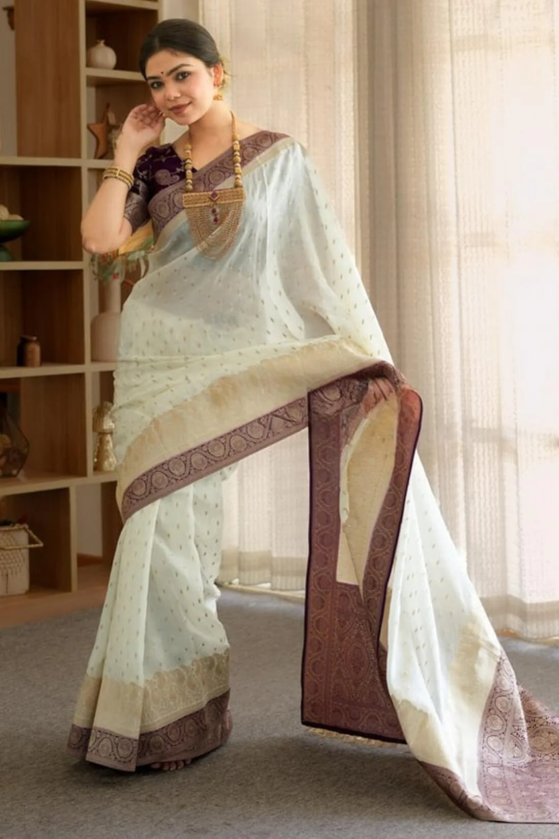 Girlish Beige Soft Silk Saree With Outstanding Blouse Piece - Image 6