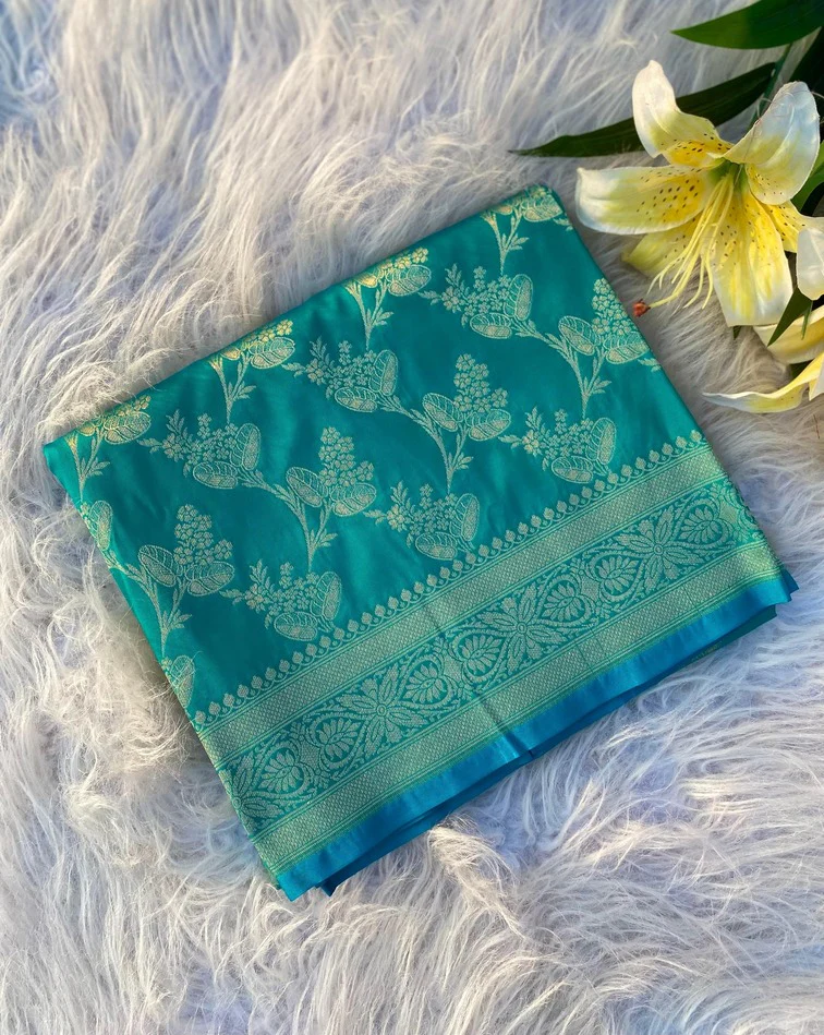 Girlish Rama Soft Banarasi Silk Saree With Blooming Blouse Piece - Image 2