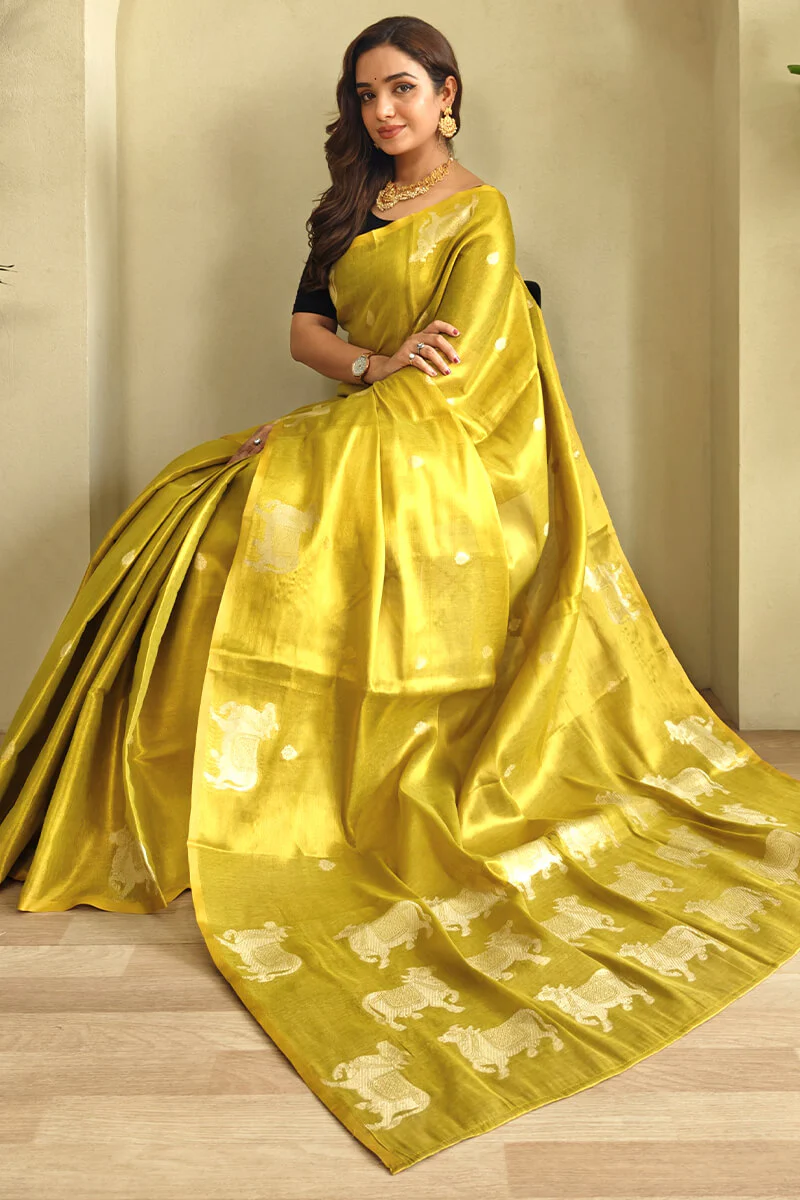Girlish Yellow Soft Banarasi Tissue Silk Saree With Bewitching Blouse Piece - Image 2