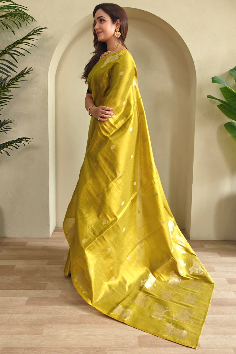 Girlish Yellow Soft Banarasi Tissue Silk Saree With Bewitching Blouse Piece - Image 4