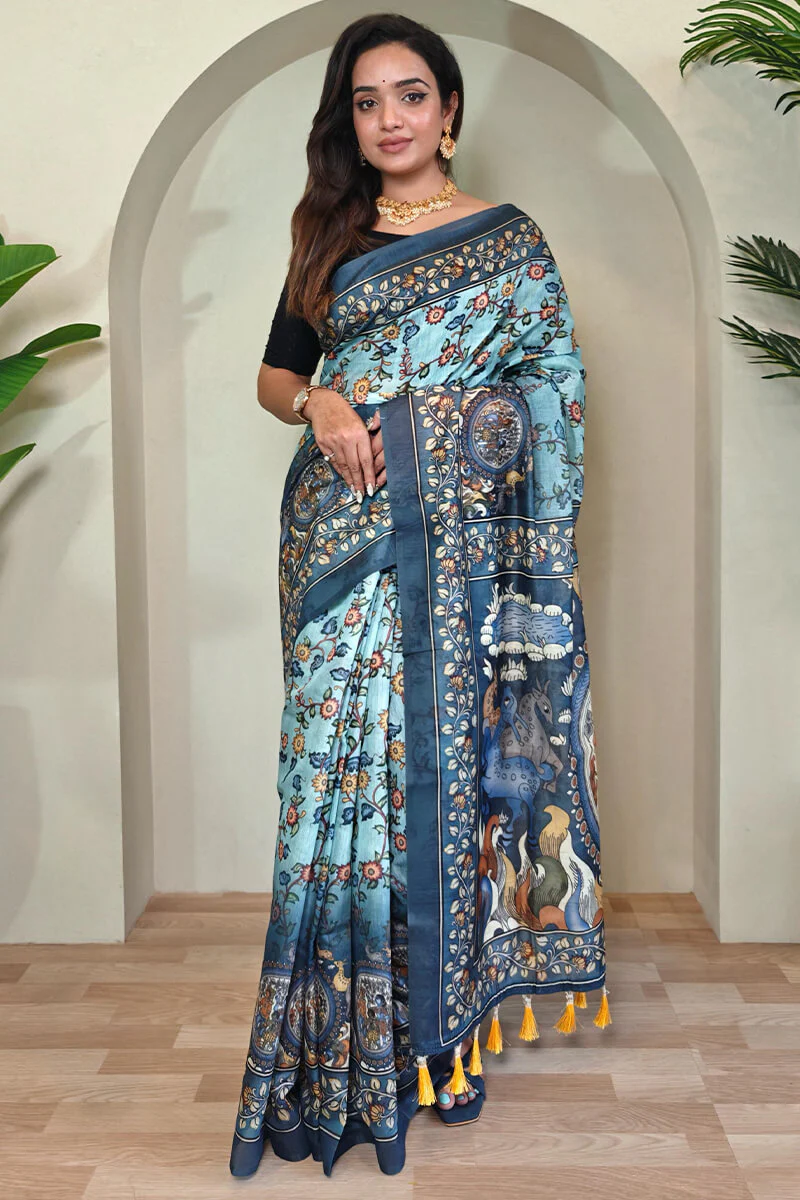 Glamorous Sky Kalamkari Printed Saree With Dulcet Blouse Piece