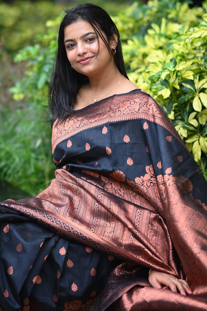 Gleaming Black Soft Silk Saree With Invaluable Blouse Piece - Image 6