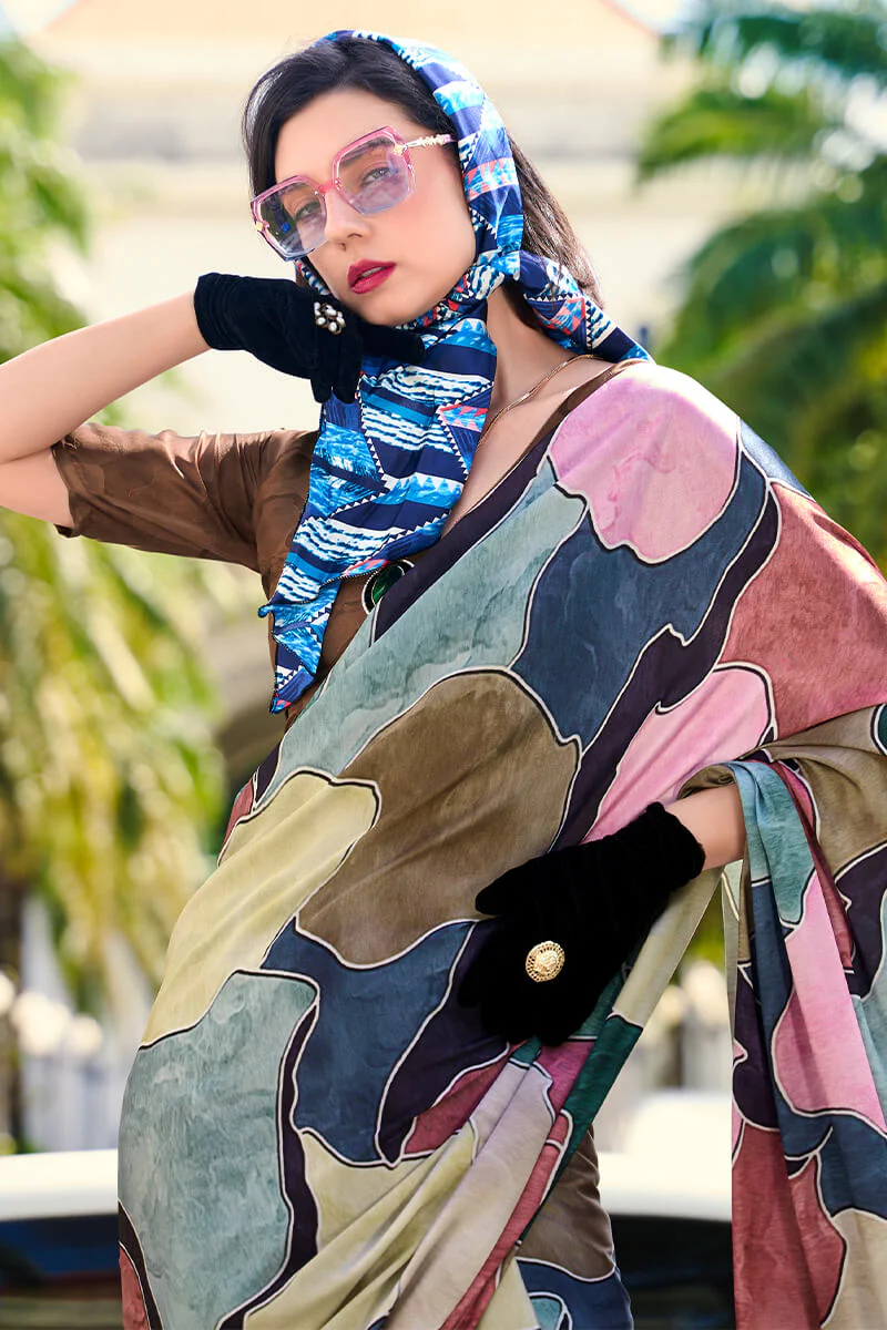 Gleaming Multicolor Digital Printed Satin Silk Saree With Phenomenal Blouse Piece - Image 2