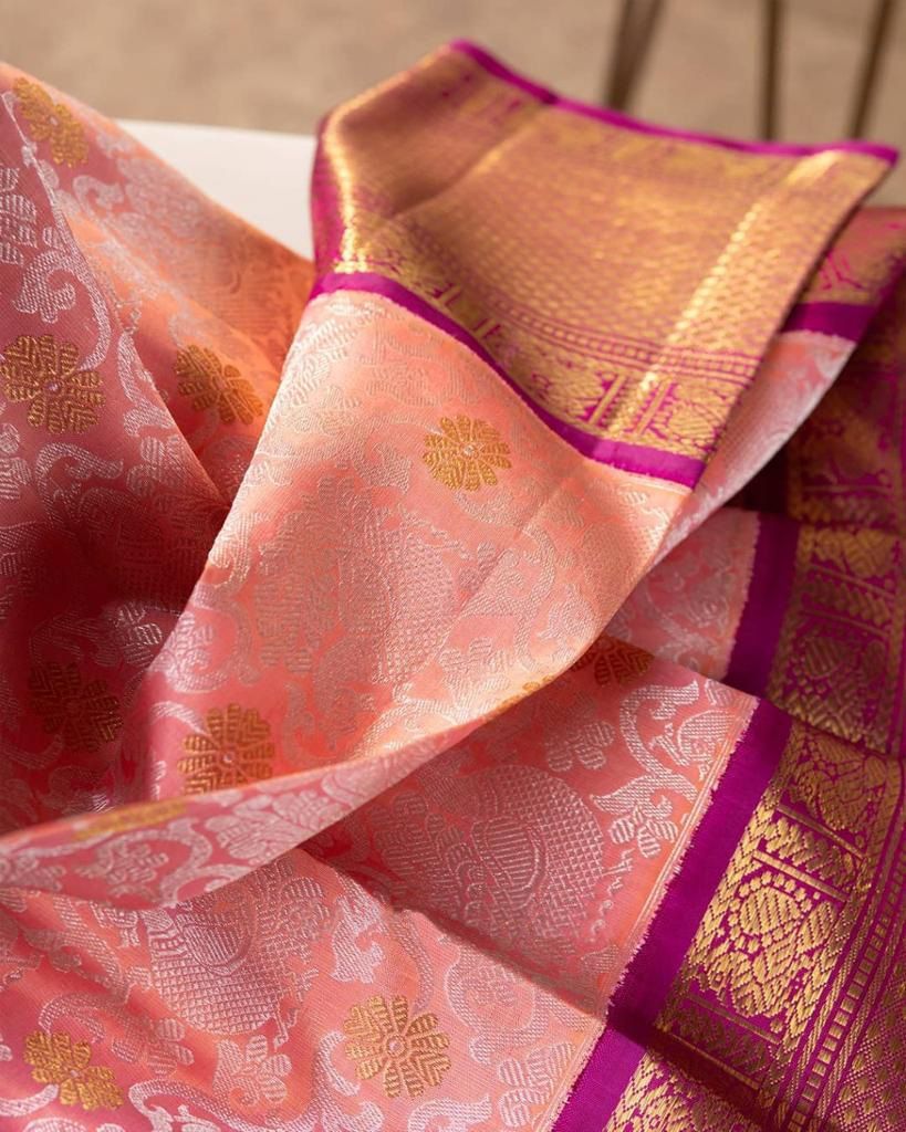 Gleaming Pink Soft Banarasi Silk Saree With Improbable Blouse Piece - Image 3