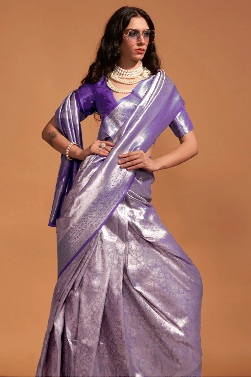 Gleaming Purple Kanjivaram Silk Saree With Intricate Blouse Piece - Image 2