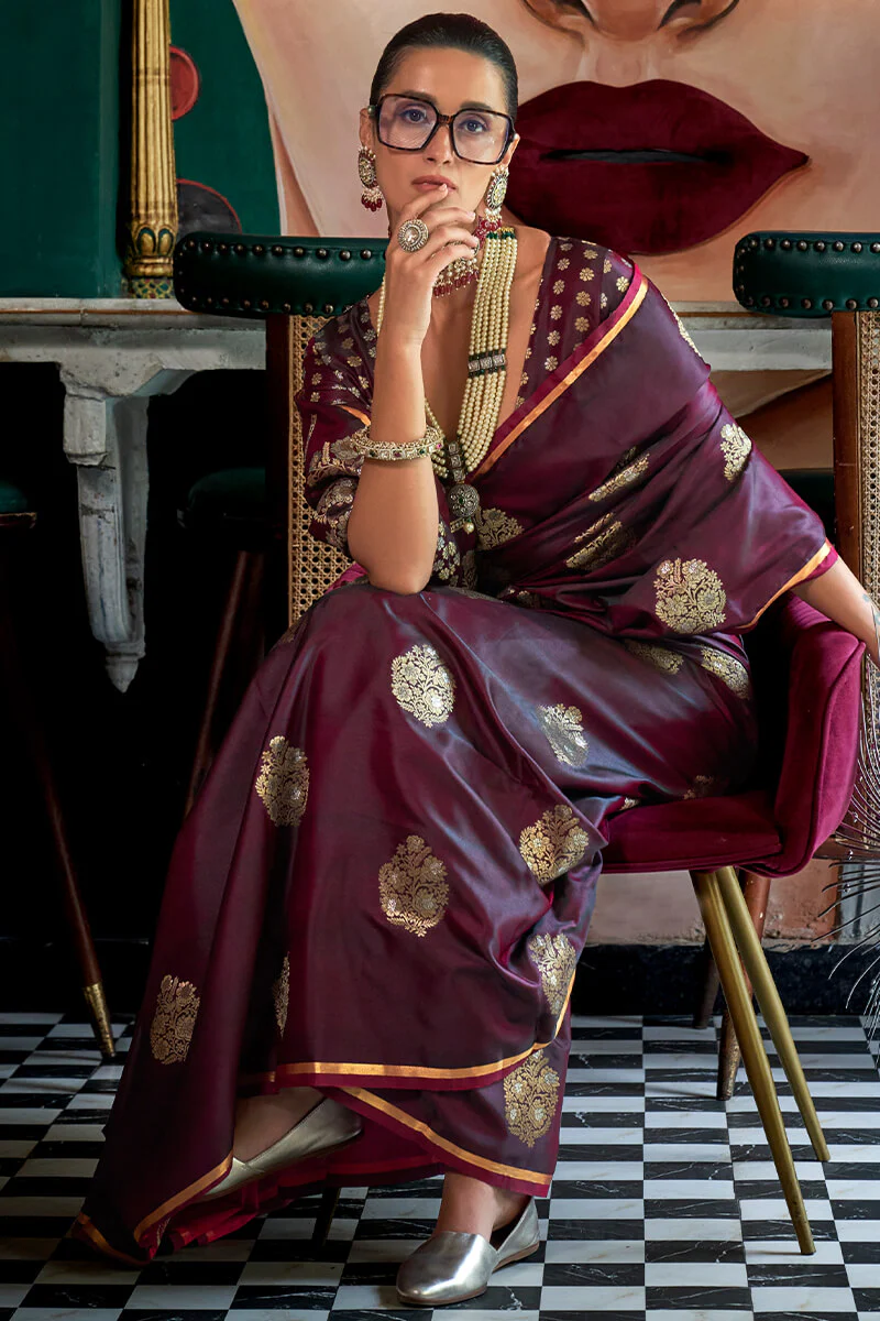 Gleaming Wine Banarasi Satin Silk Saree With Gorgeous Blouse - Image 2
