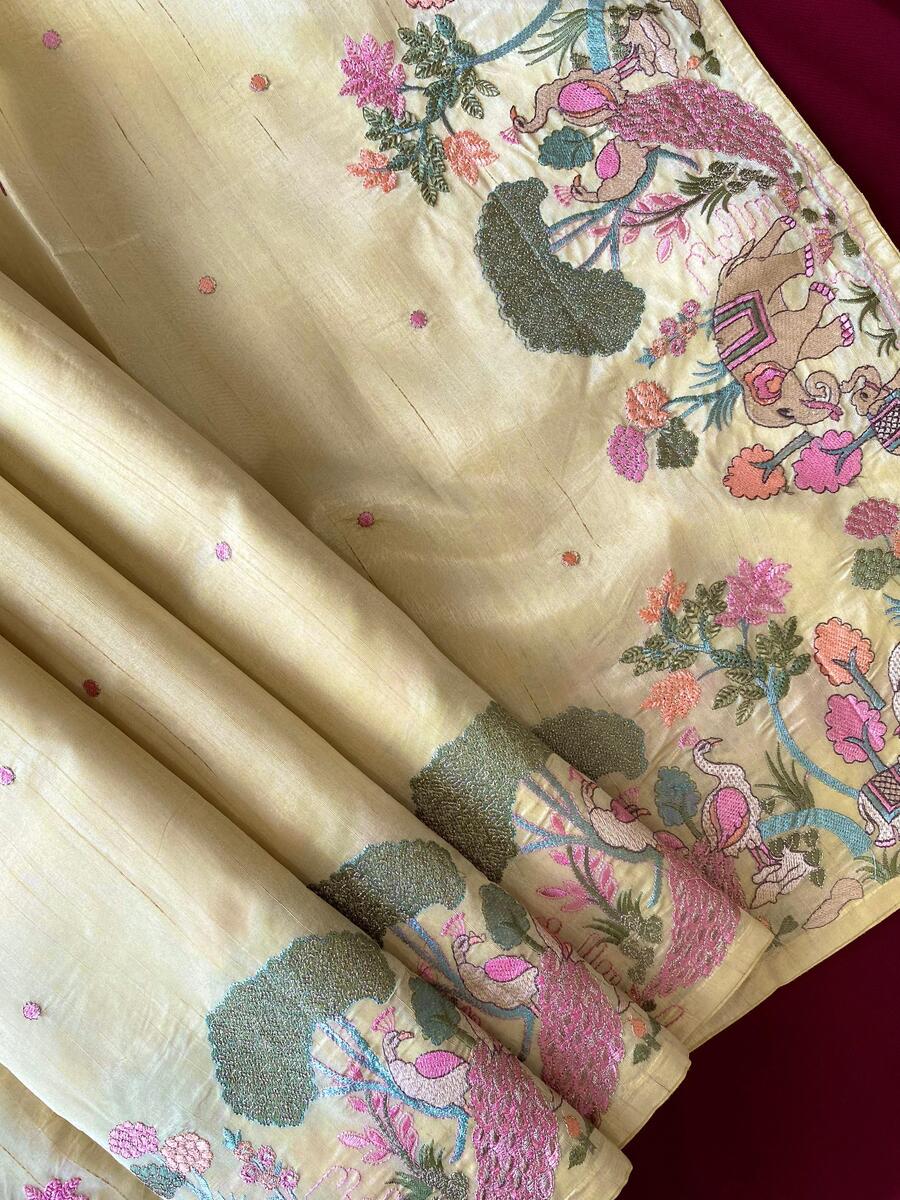 Gleaming Yellow Embroidery Work Tussar Silk Saree With Entrancing Blouse Piece - Image 3