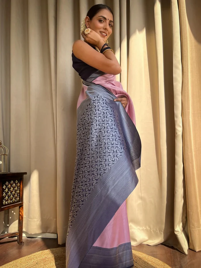Glittering Baby Pink Soft Silk Saree With Allure Blouse Piece - Image 6