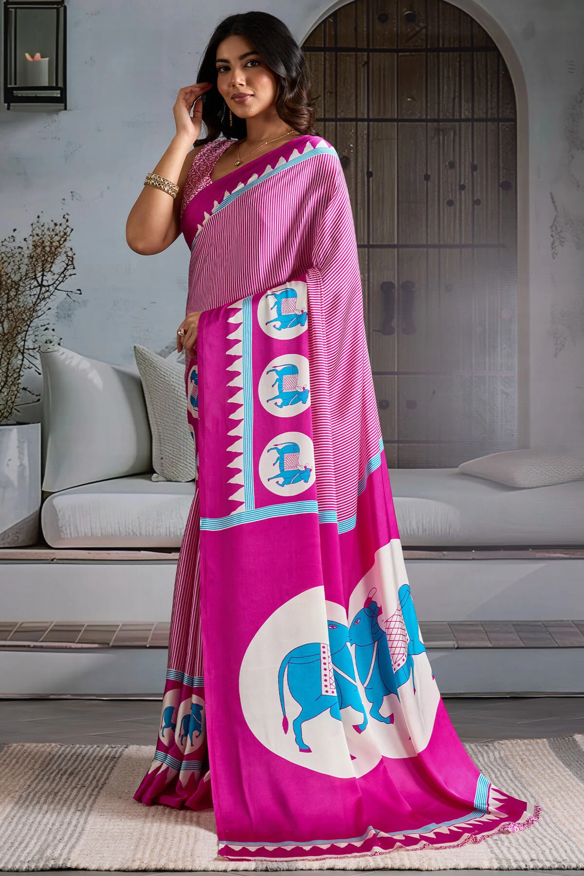 Glittering Dark Pink Ajrakh Printed Satin Silk Saree With Pretty Blouse Piece - Image 3