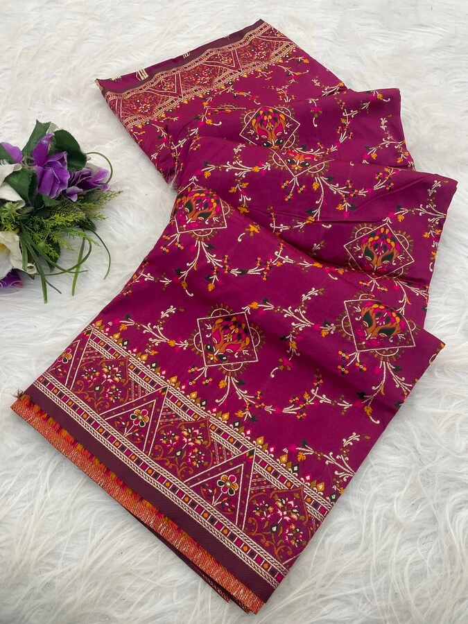 Glittering Dark Pink Pashmina Saree With Demanding Blouse Piece - Image 2