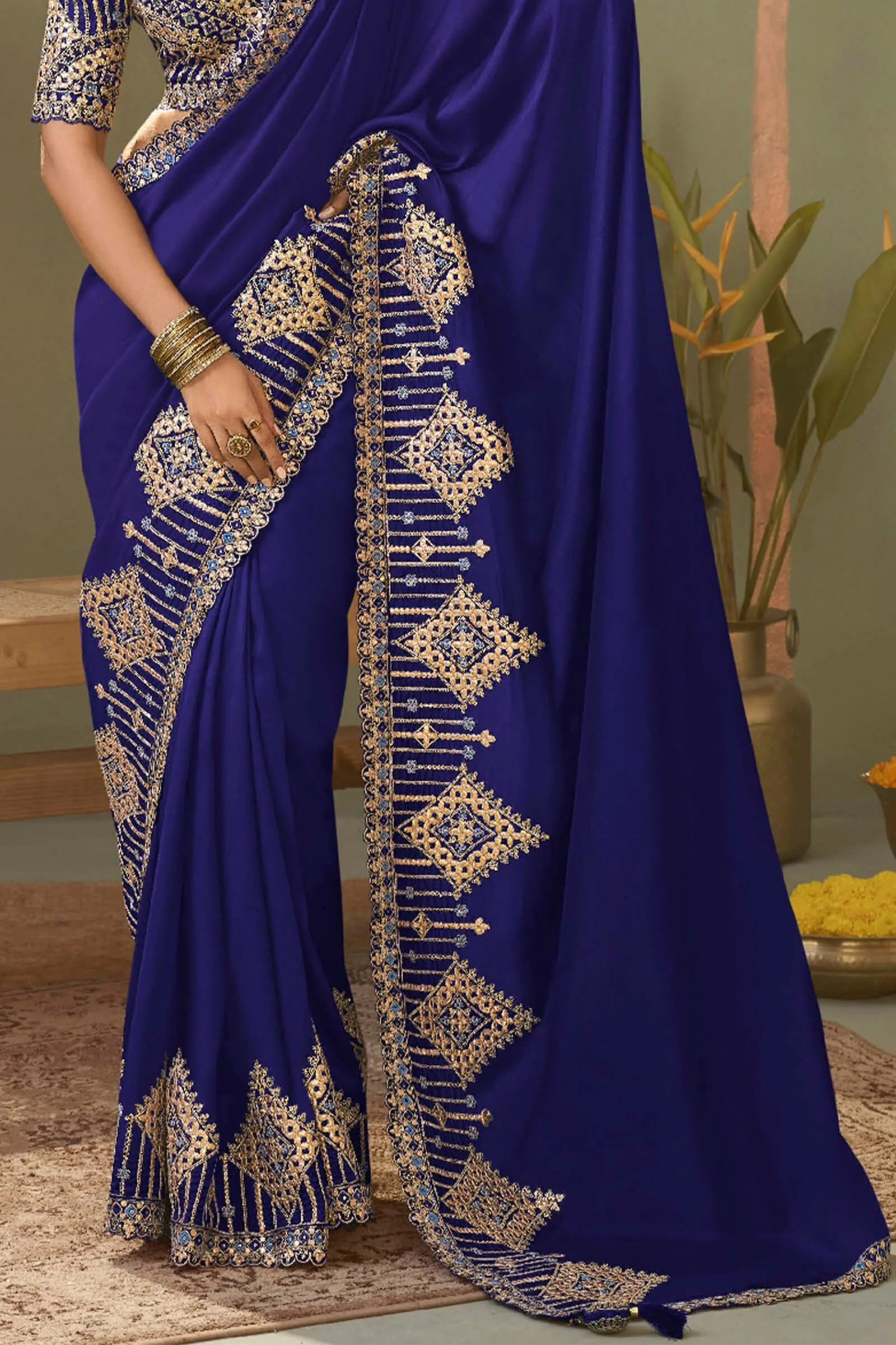 Glittering Navy Blue Soft Silk Embroidery Work Saree With Exemplary Blouse Piece - Image 4