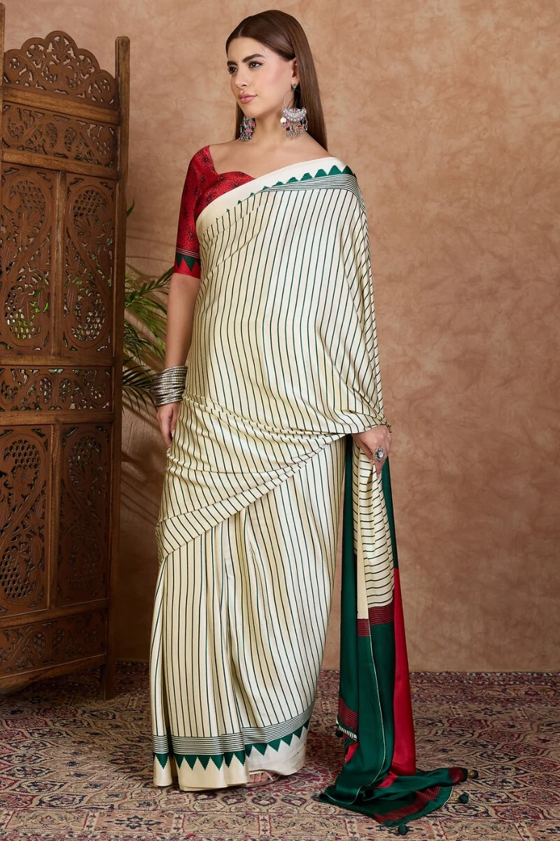 Glittering Off White Ajrakh Printed Semi Modal Silk Saree With Quixotic Blouse Piece - Image 3