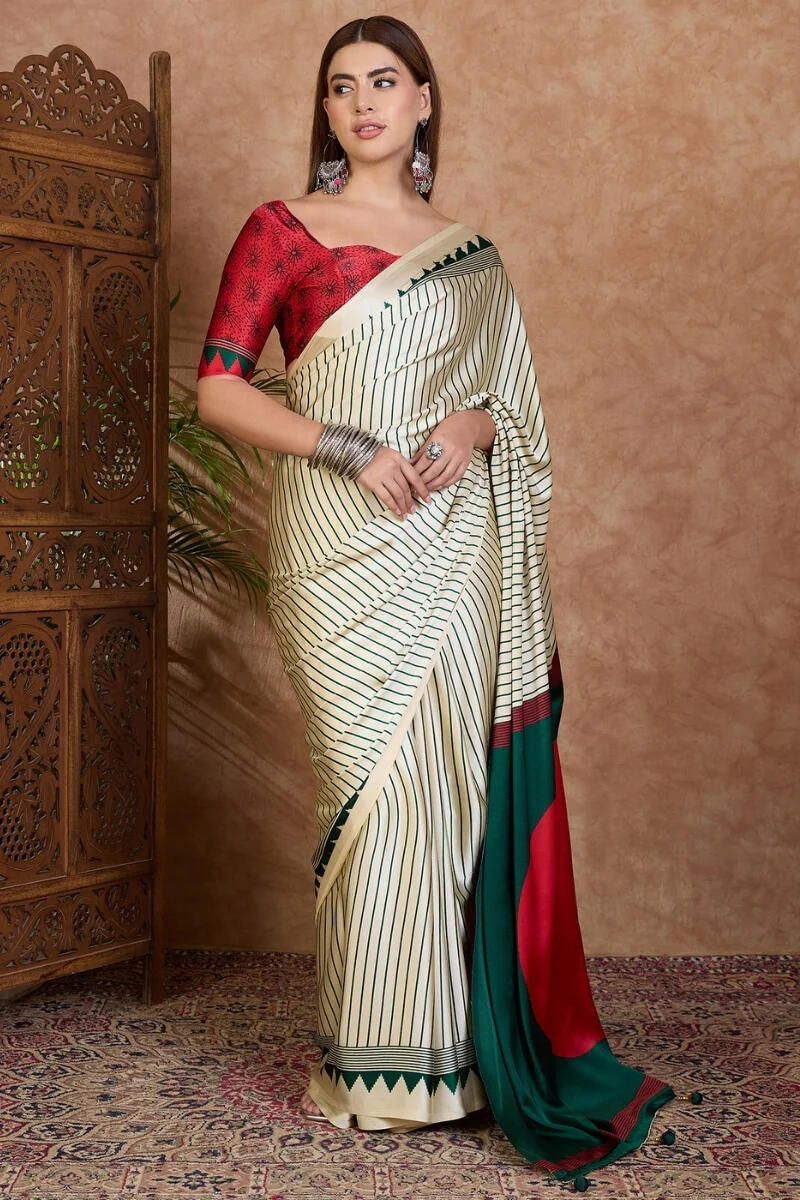 Glittering Off White Ajrakh Printed Semi Modal Silk Saree With Quixotic Blouse Piece - Image 5