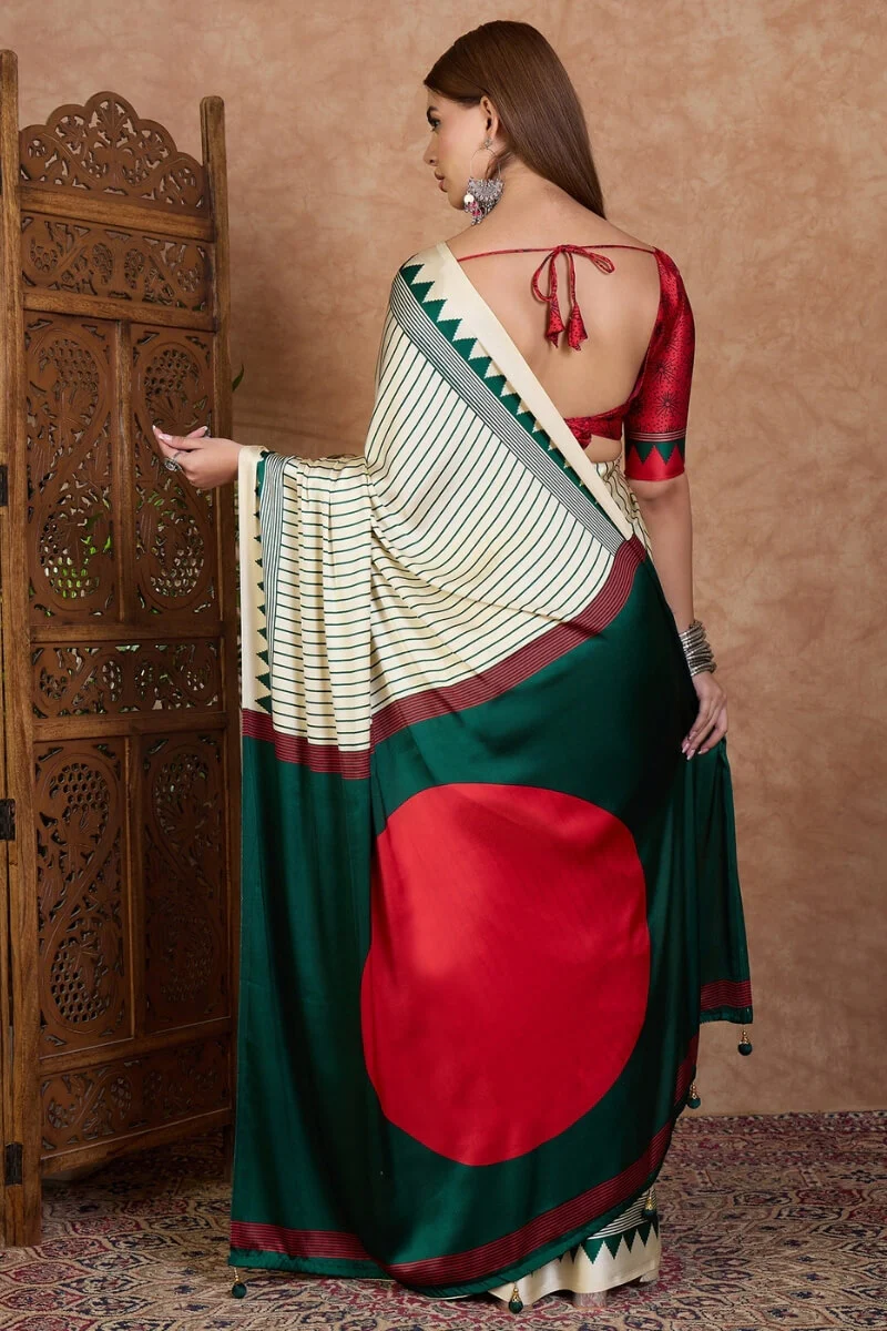 Glittering Off White Ajrakh Printed Semi Modal Silk Saree With Quixotic Blouse Piece - Image 7