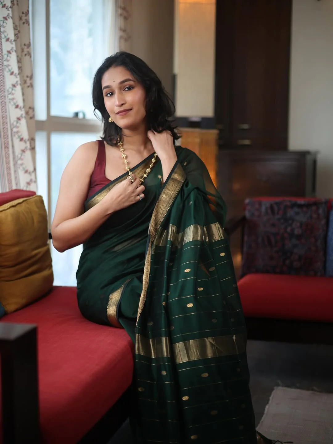 Glorious Dark Green Cotton Silk Saree With Proficient Blouse Piece - Image 6