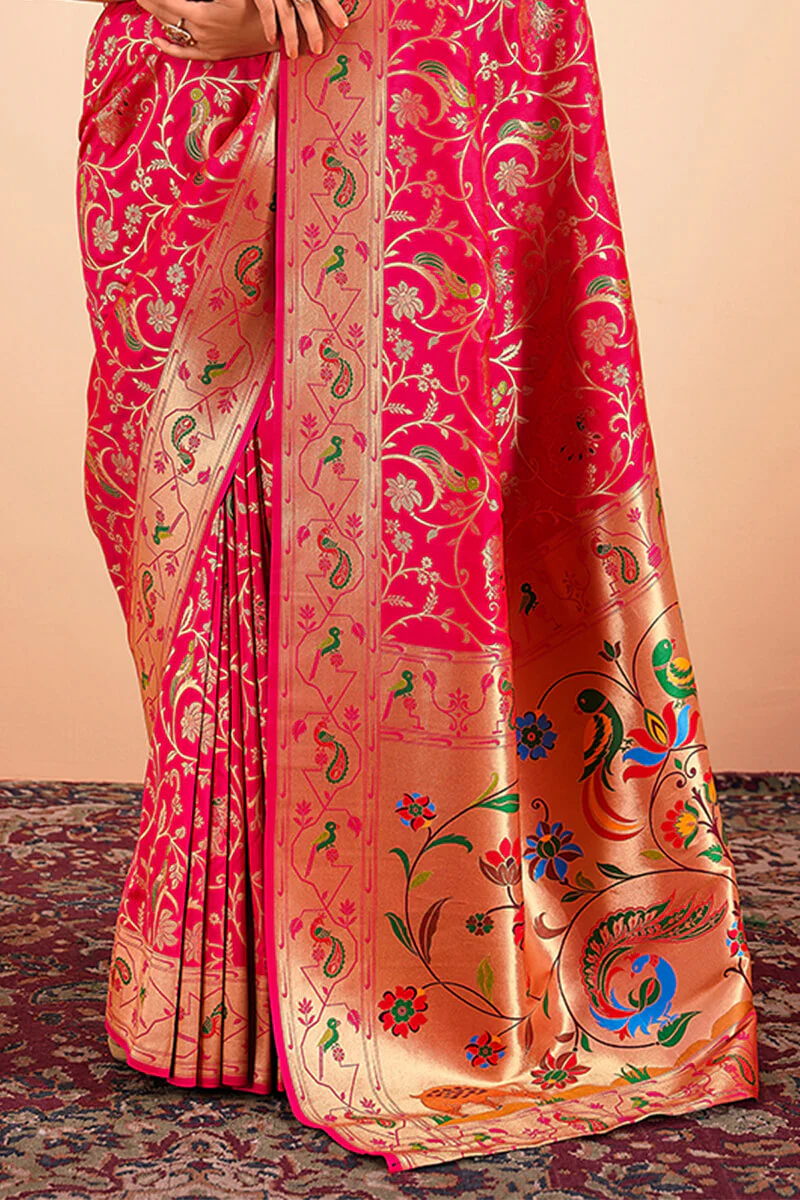Glorious Dark Pink Paithani Silk Saree With Bewitching Blouse Piece - Image 3
