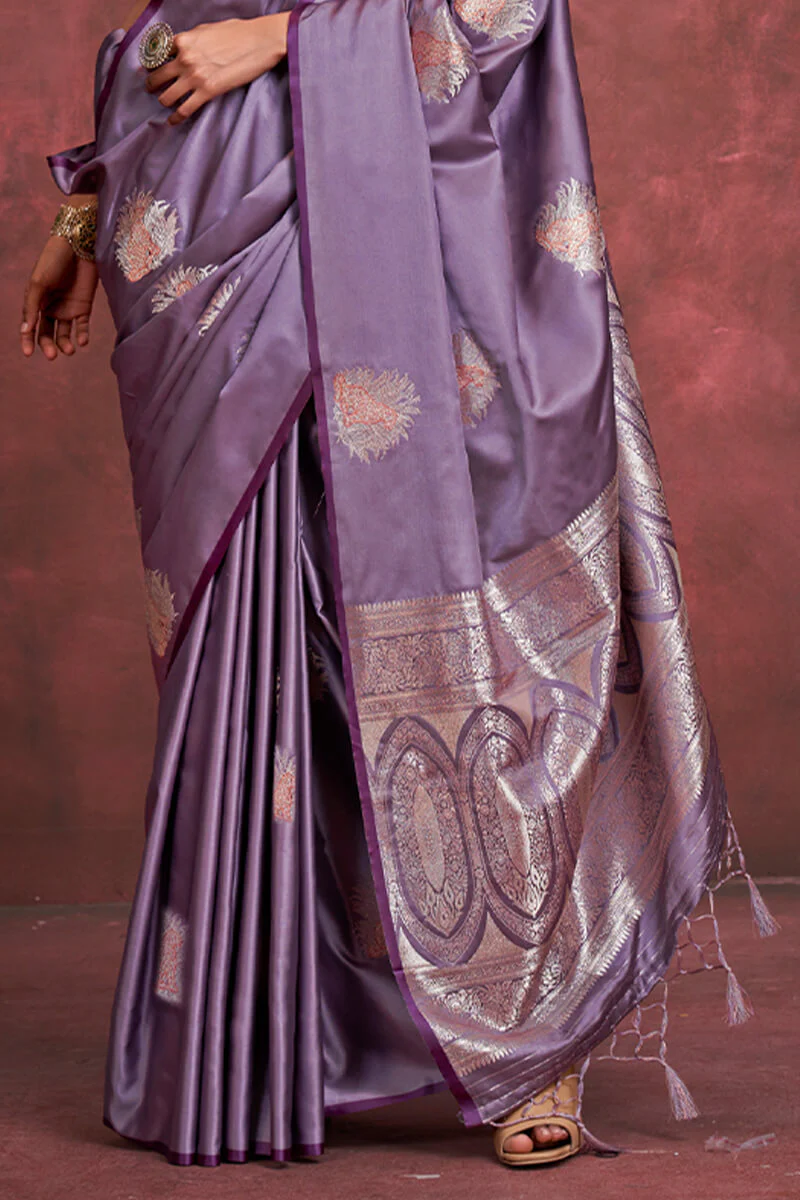 Glorious Lavender Banarasi Satin Silk Saree With Ratatouille Blouse - Image 4