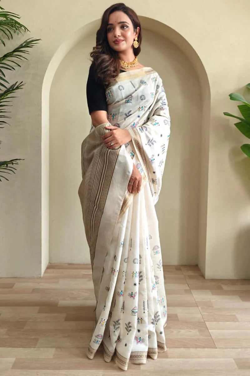Glorious Off White Embroidery Work Tussar Silk Saree With Inspiring Blouse Piece - Image 3