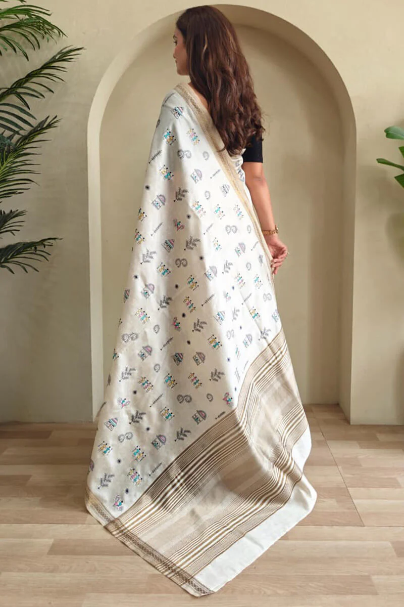 Glorious Off White Embroidery Work Tussar Silk Saree With Inspiring Blouse Piece - Image 6