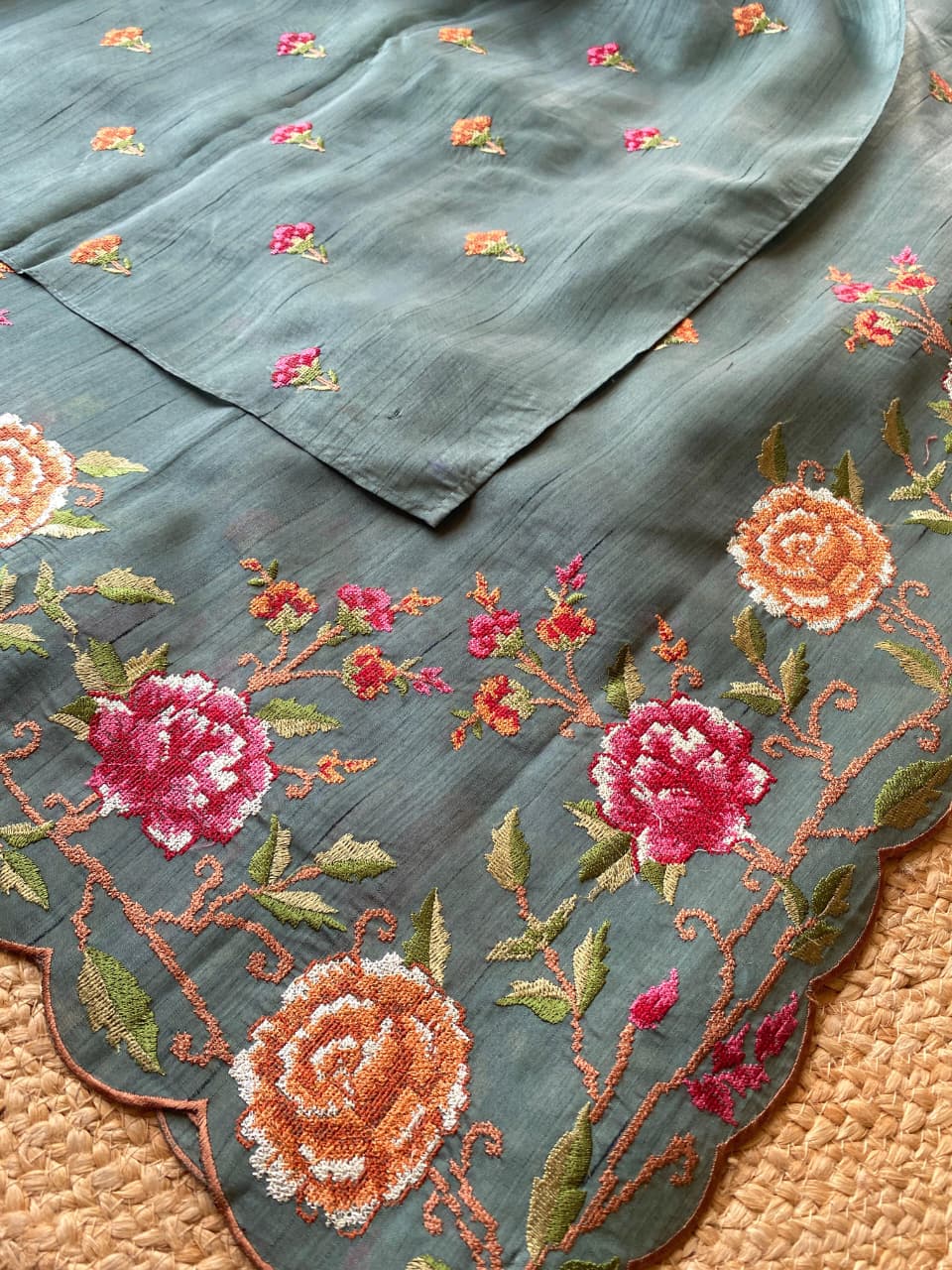 Glorious Sky Embroidery Work Tussar Silk Saree With Glamorous Blouse Piece - Image 3