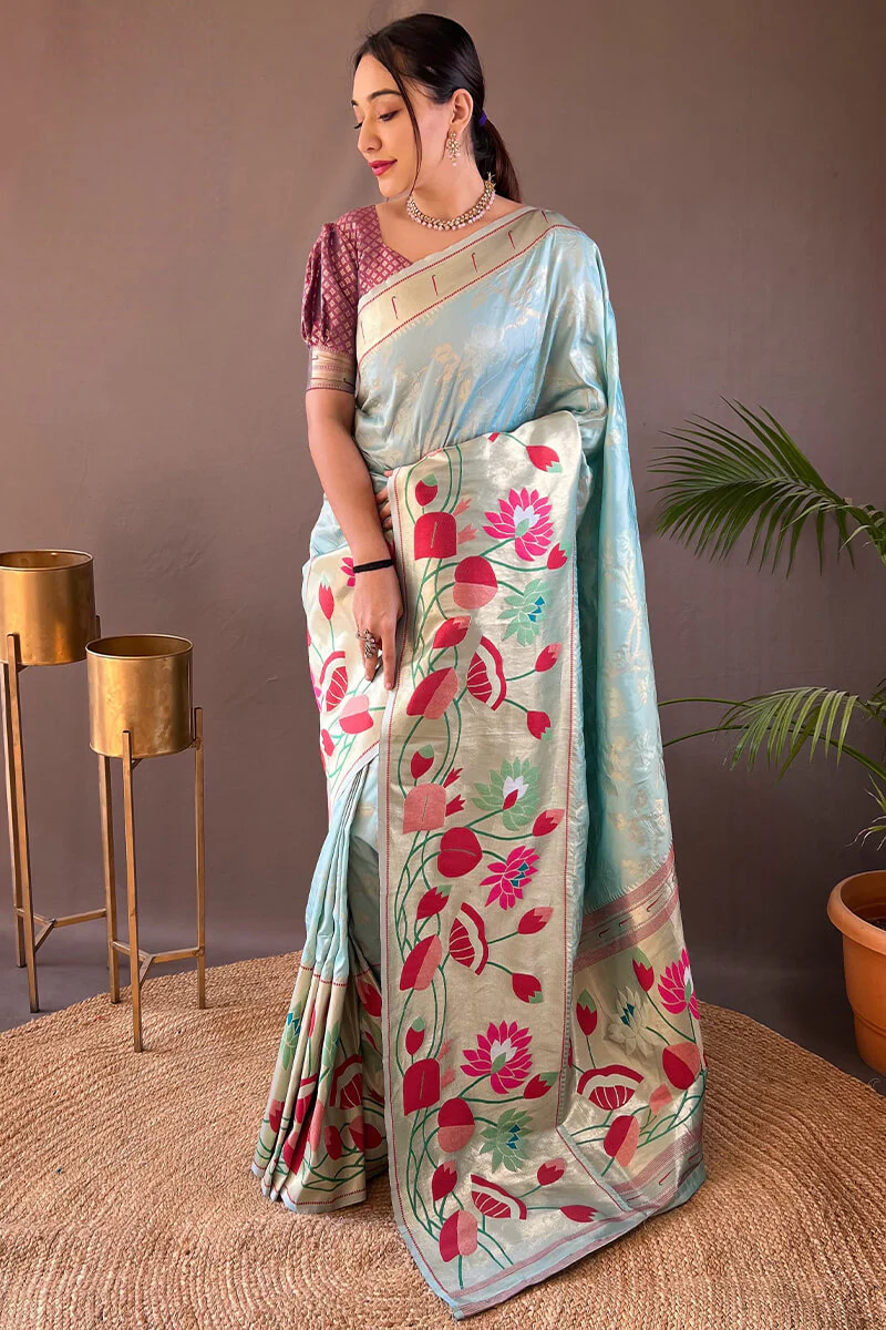 Glorious Sky Paithani Silk Saree With Fairytale Blouse Piece - Image 3