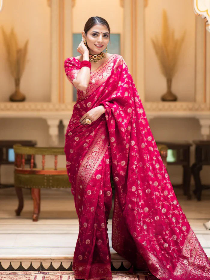 Glowing Dark Pink Soft Silk Saree With Gratifying Blouse Piece