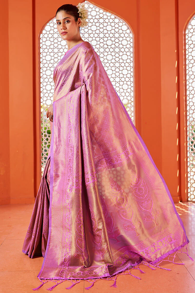 Glowing Pink Kanjivaram Silk Saree With Alluring Blouse Piece - Image 3
