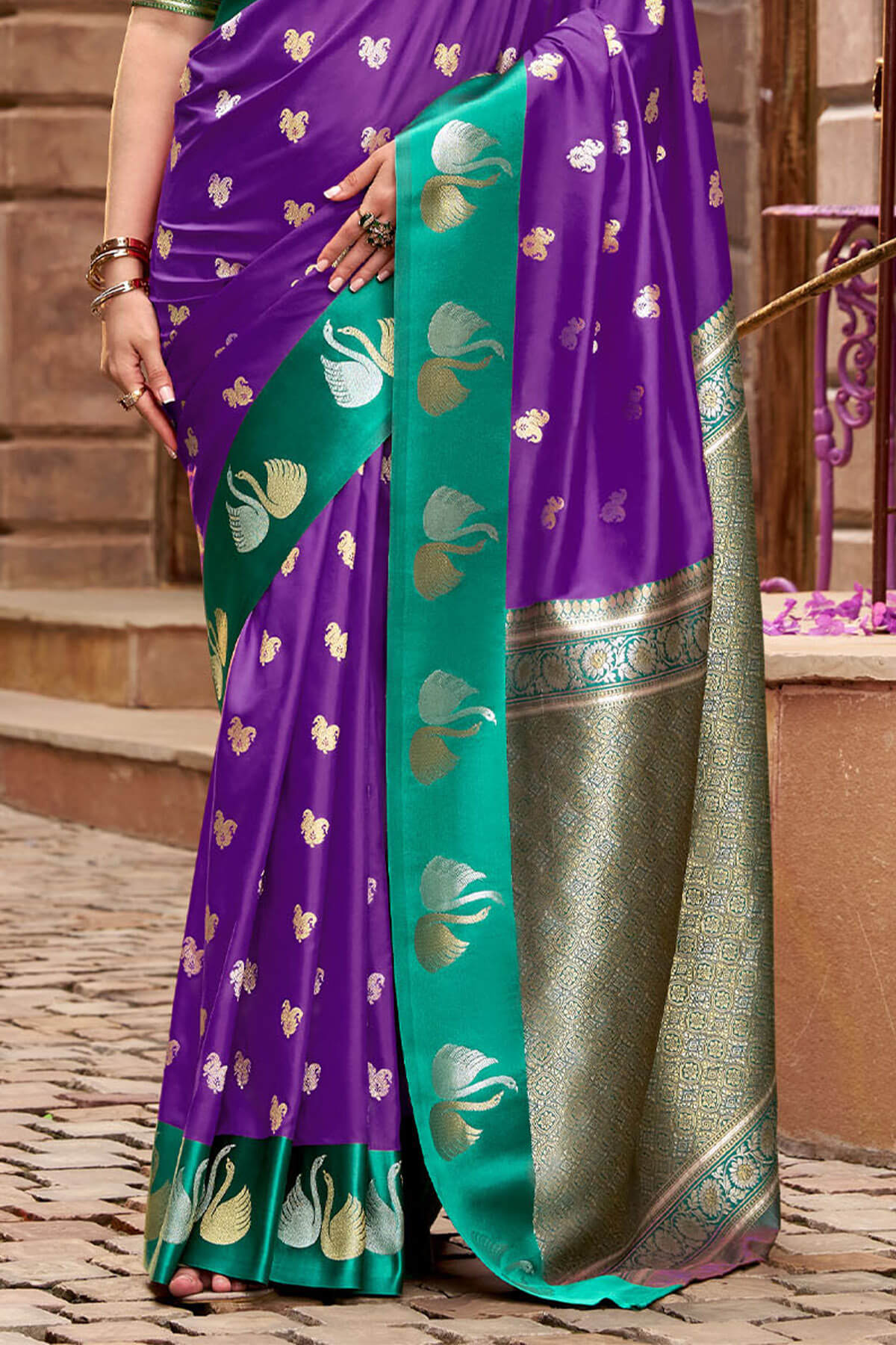 Glowing Purple Banarasi Satin Silk Saree With Glittering Blouse - Image 3