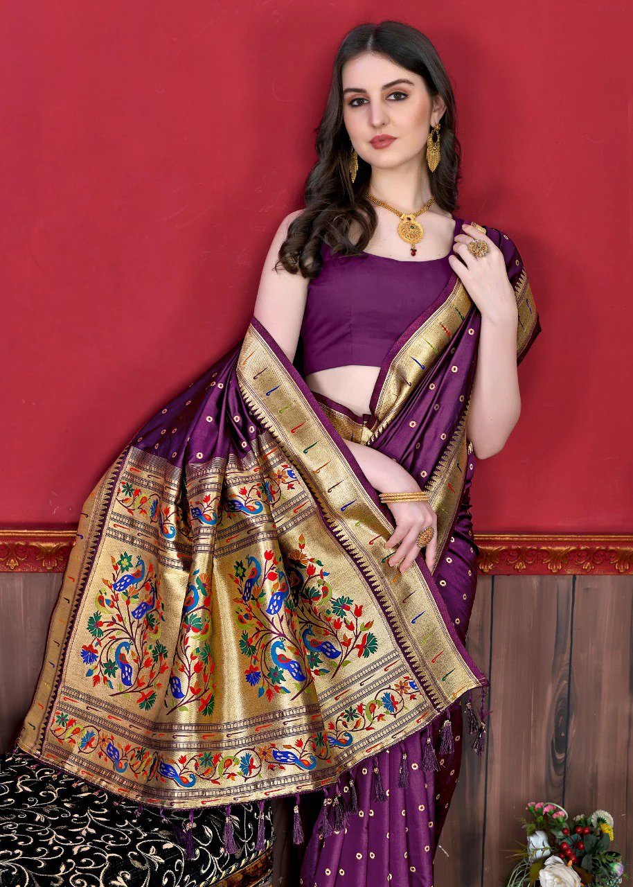 Glowing Purple Paithani Silk Saree With Ethnic Blouse Piece - Image 3