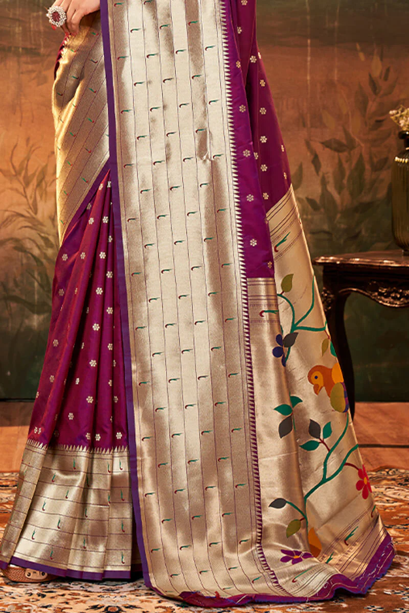 Glowing Purple Paithani Silk Saree With Wonderful Blouse Piece - Image 3