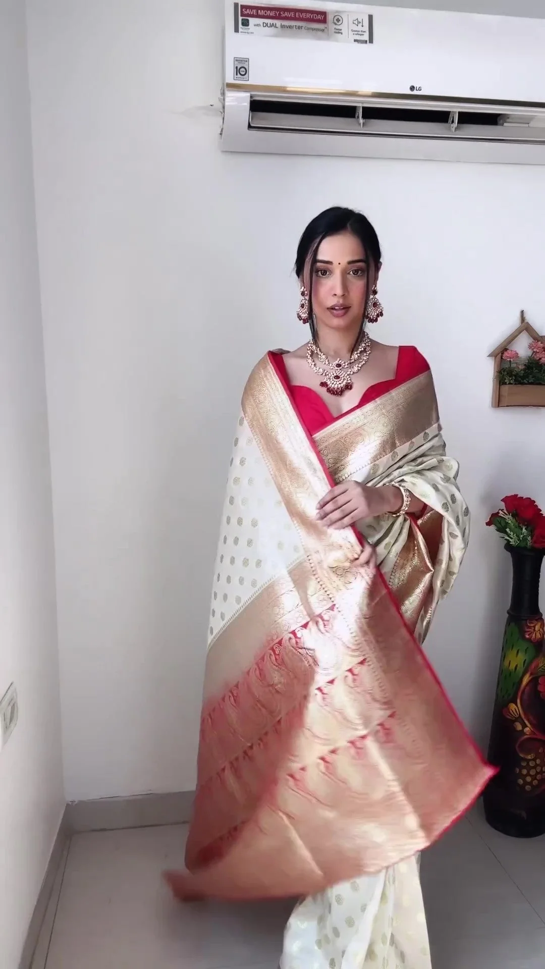 Gorgeous 1-Minute Ready To Wear Beige Soft Silk Saree - Image 5