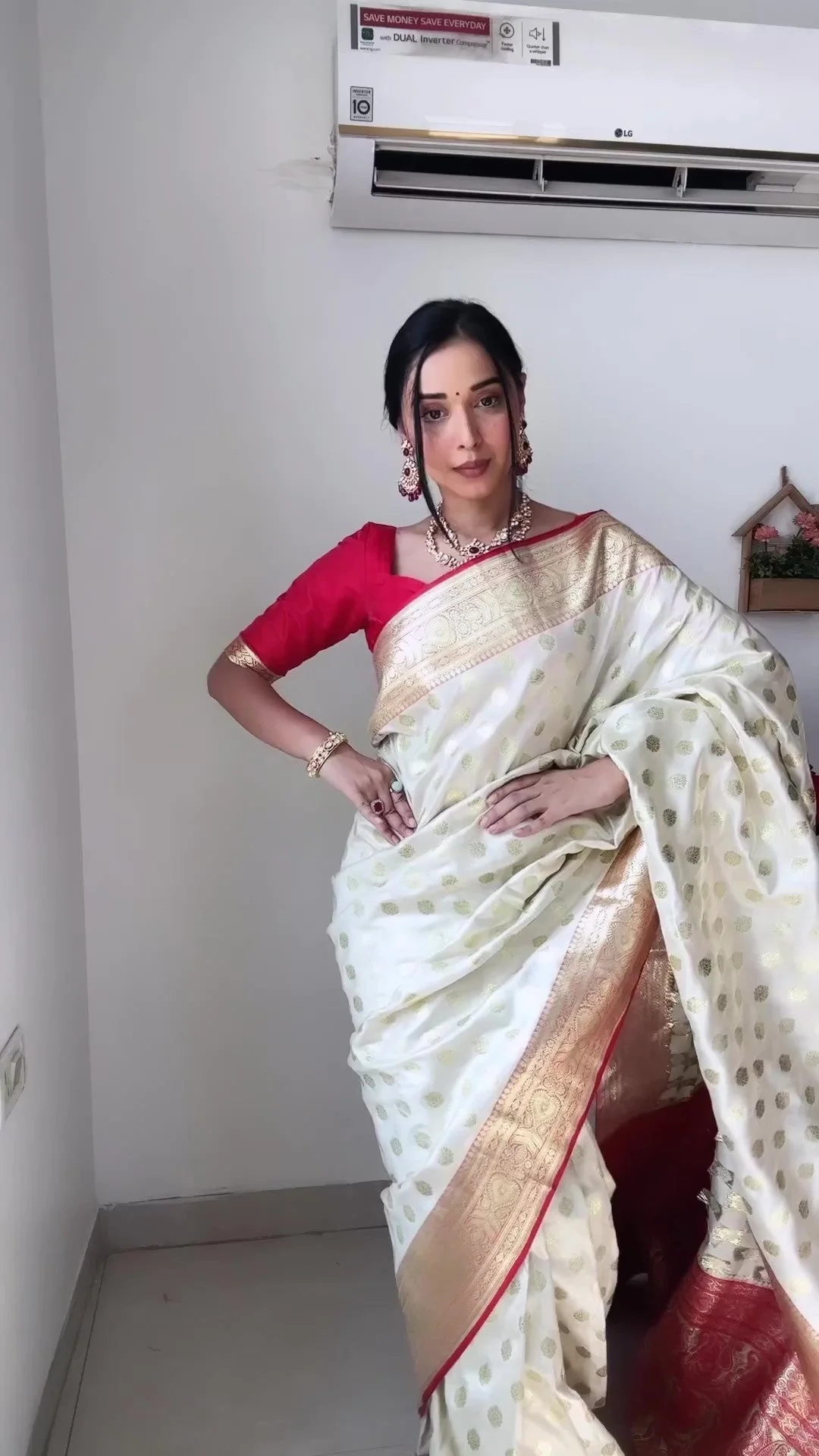 Gorgeous 1-Minute Ready To Wear Beige Soft Silk Saree - Image 7