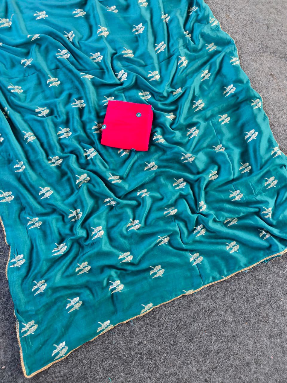 Gorgeous Firozi Banarasi Georgette Silk Saree With Dazzling Blouse Piece - Image 2