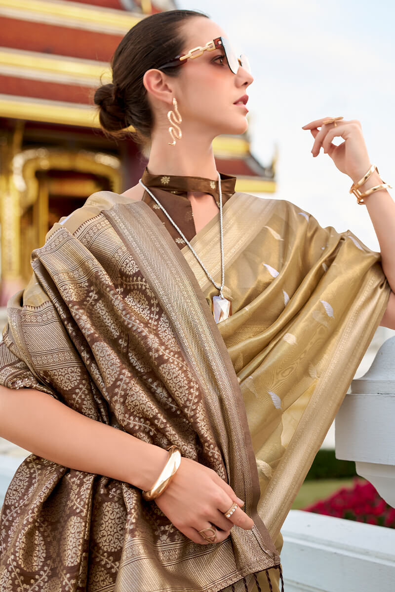Gorgeous Golden Soft Banarasi Silk Saree With Jubilant Blouse Piece - Image 2