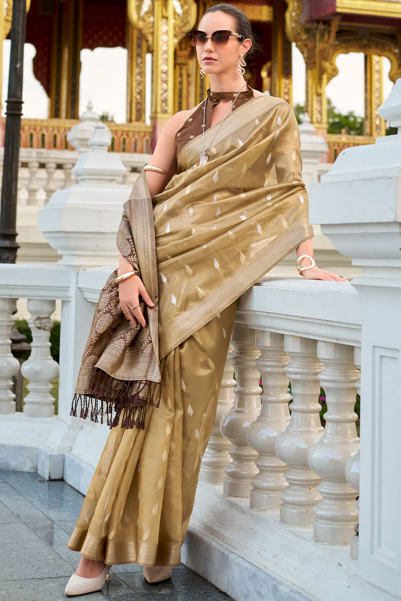 Gorgeous Golden Soft Banarasi Silk Saree With Jubilant Blouse Piece - Image 3