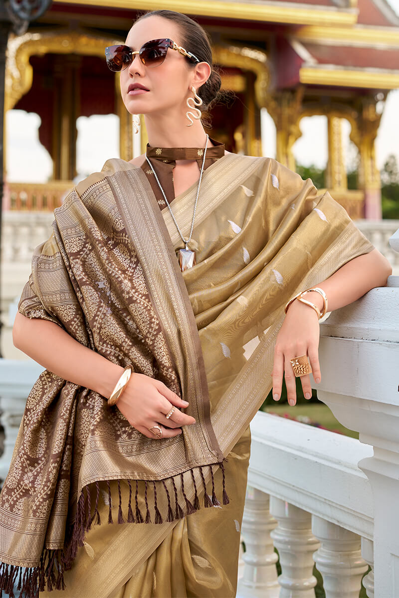 Gorgeous Golden Soft Banarasi Silk Saree With Jubilant Blouse Piece - Image 4