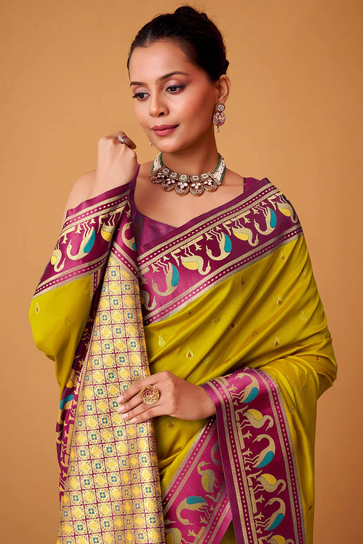 Gorgeous Mustard Banarasi Satin Silk Saree With Prodigal Blouse - Image 2