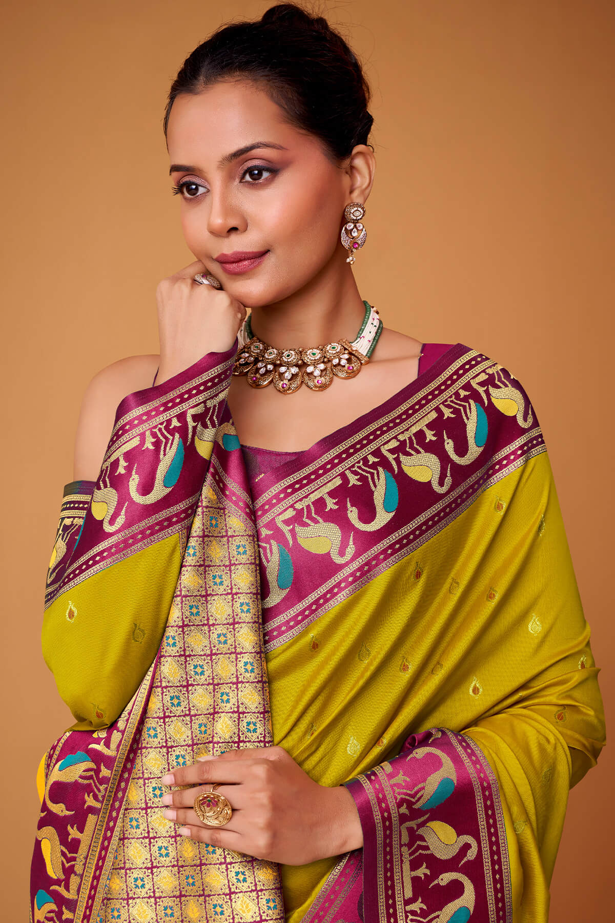 Gorgeous Mustard Banarasi Satin Silk Saree With Prodigal Blouse - Image 4
