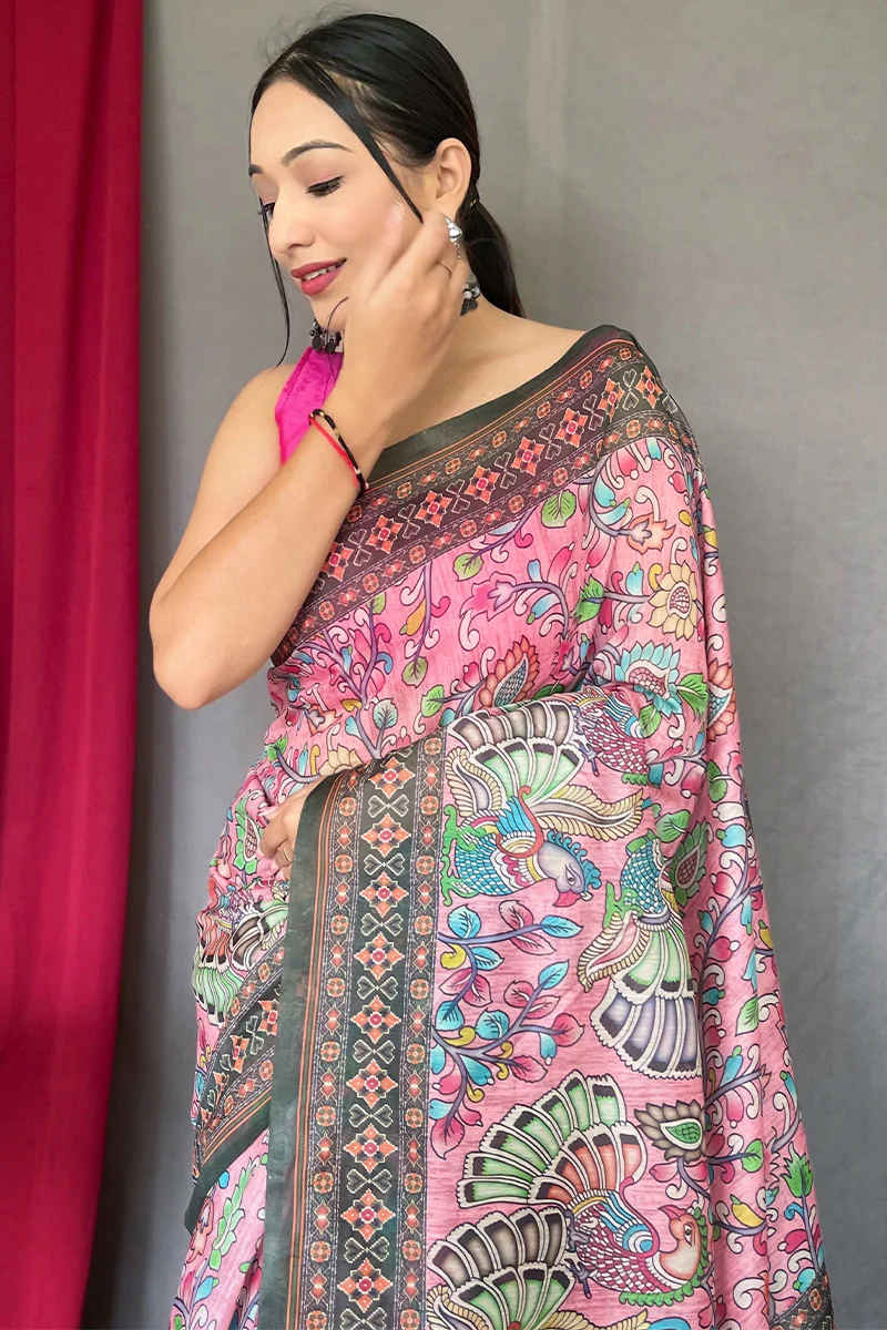 Gorgeous Pink Kalamkari Printed Saree With Deserving Blouse Piece - Image 2