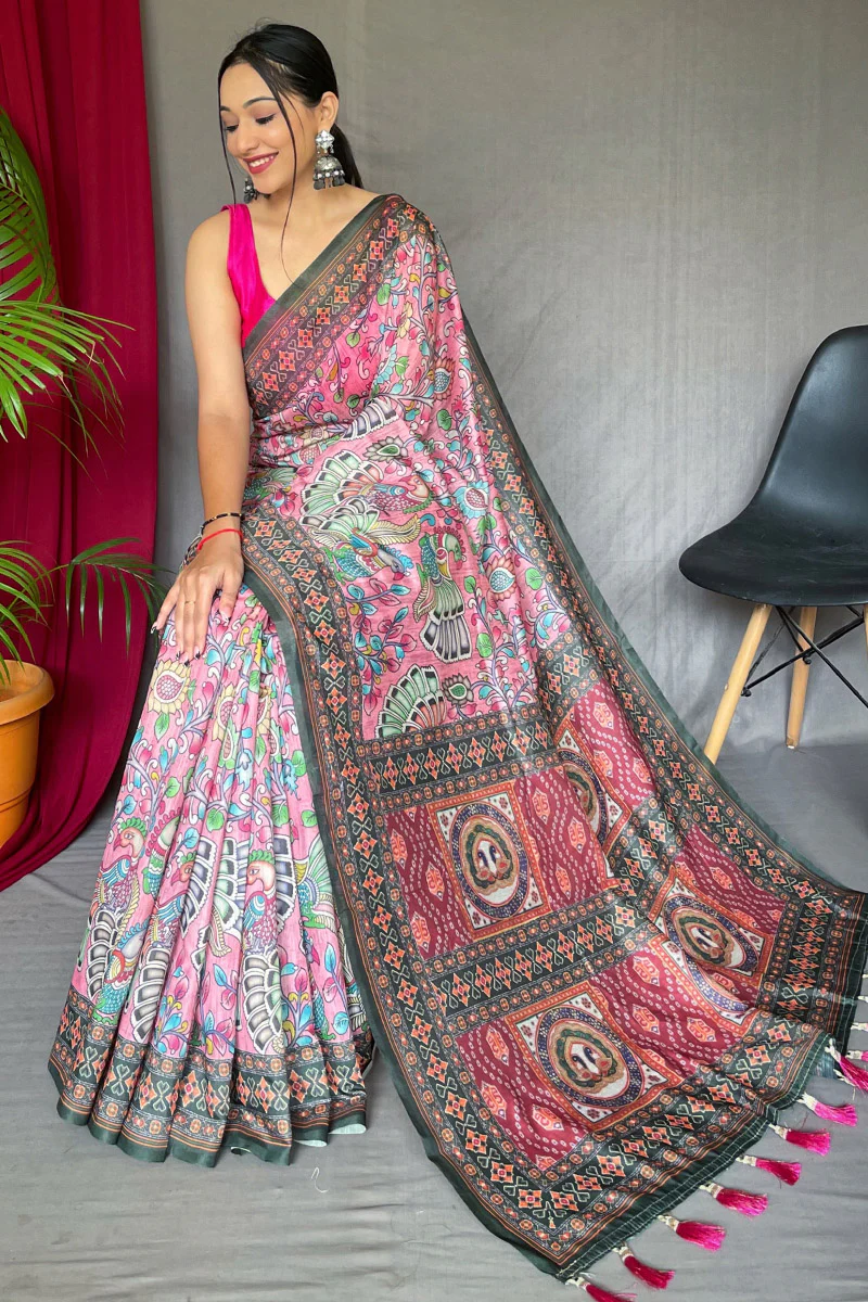 Gorgeous Pink Kalamkari Printed Saree With Deserving Blouse Piece - Image 3