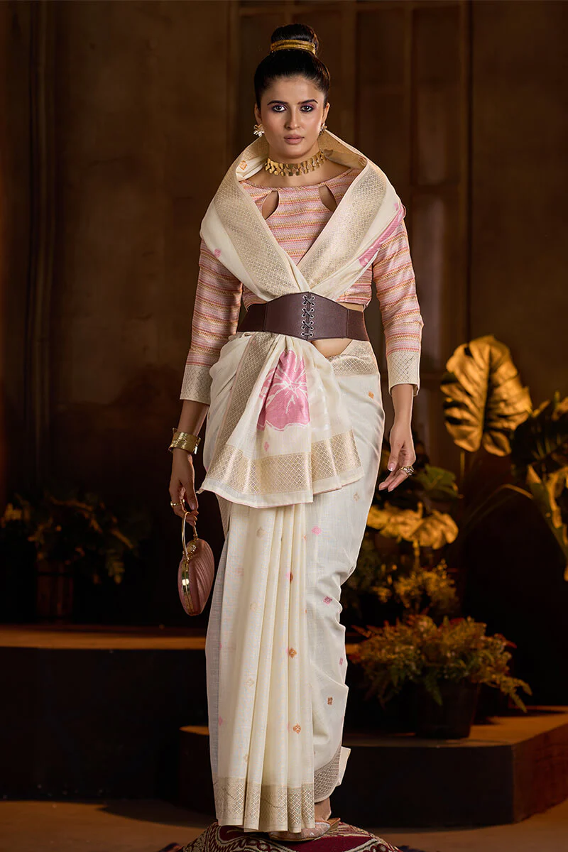 Gossamer Beige Cotton Silk Saree With Ravishing Blouse Piece - Image 3