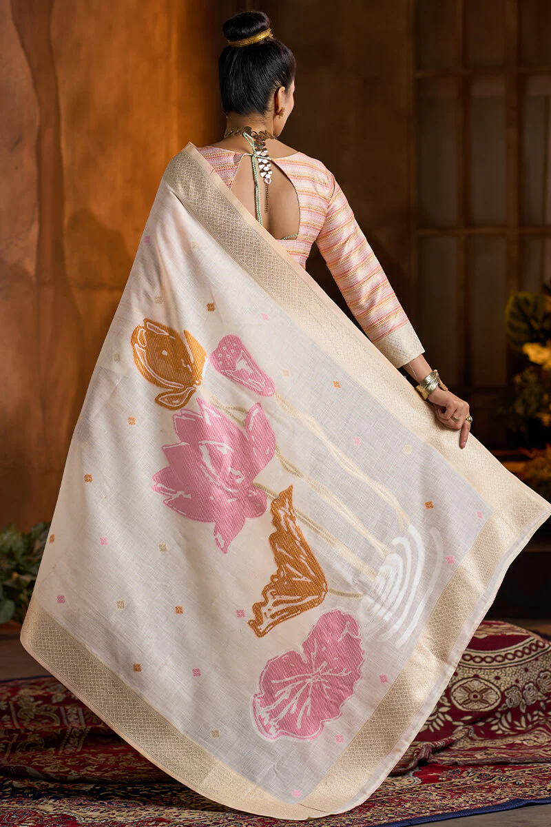 Gossamer Beige Cotton Silk Saree With Ravishing Blouse Piece - Image 5