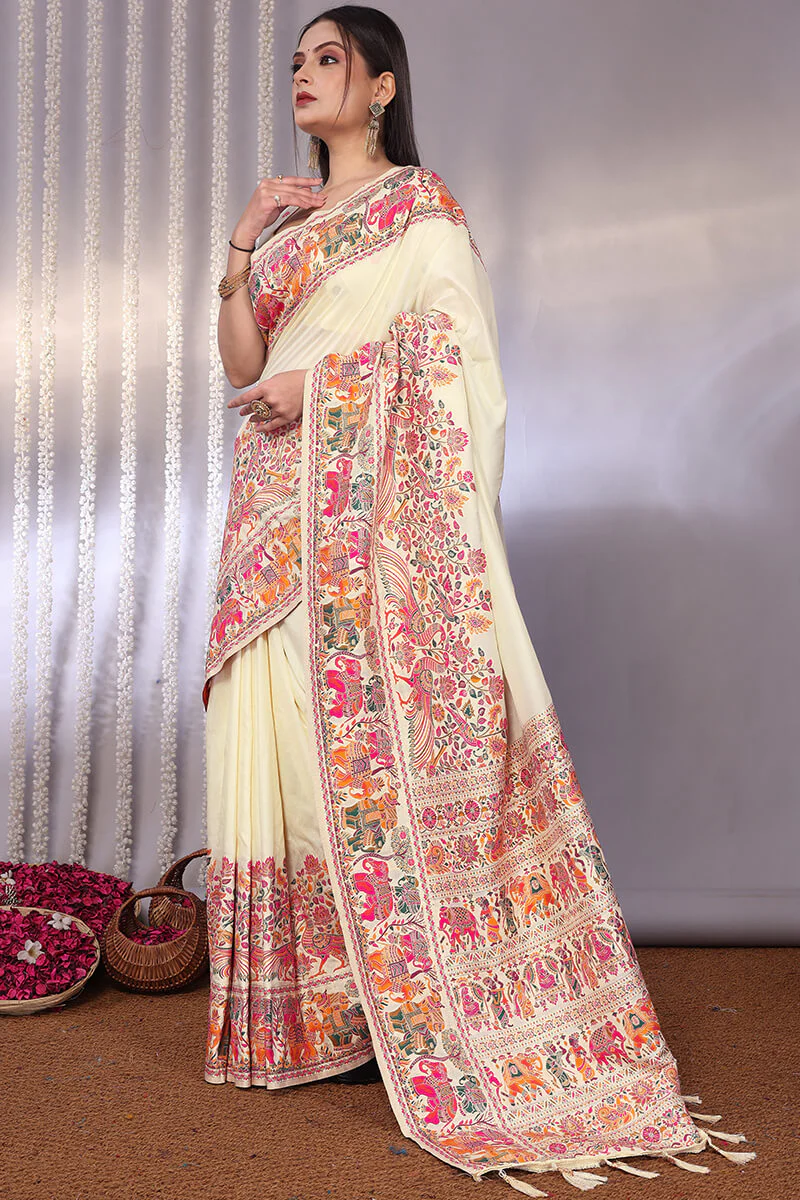 Gossamer Beige Pashmina Saree With Stylish Blouse Piece - Image 5