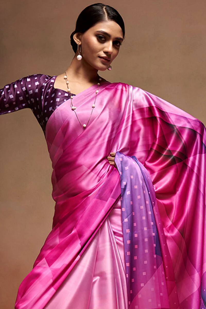 Gossamer Dark Pink Digital Printed Satin Silk Saree With Seraglio Blouse Piece - Image 3