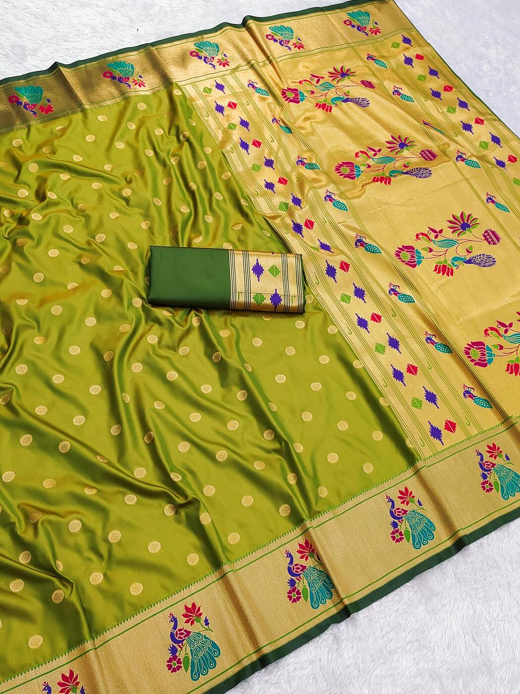 Gossamer Mehndi Paithani Silk Saree With Redolent Blouse Piece
