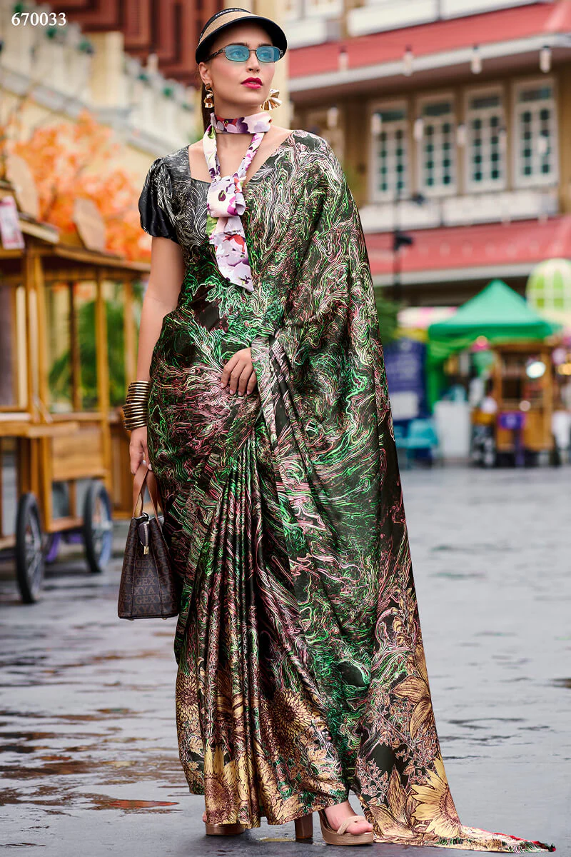 Gossamer Multicolor Digital Printed Satin Silk Saree With Scintilla Blouse Piece