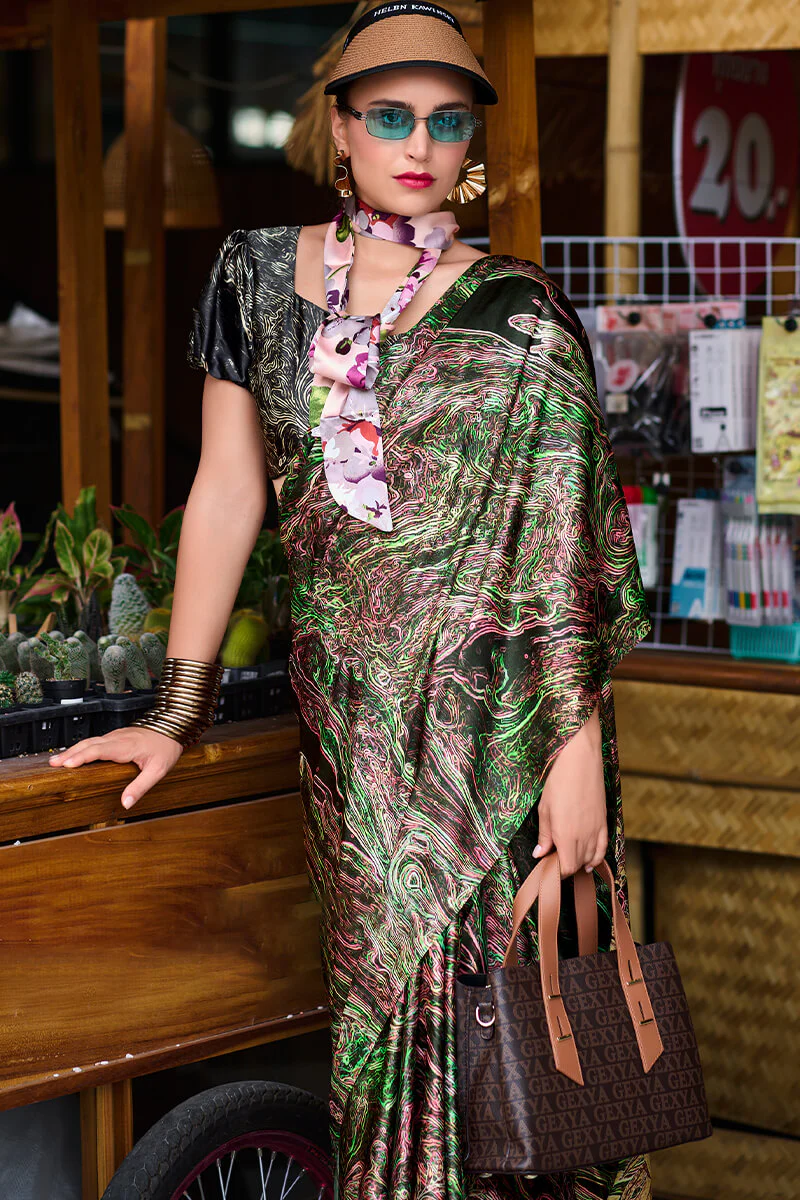 Gossamer Multicolor Digital Printed Satin Silk Saree With Scintilla Blouse Piece - Image 2