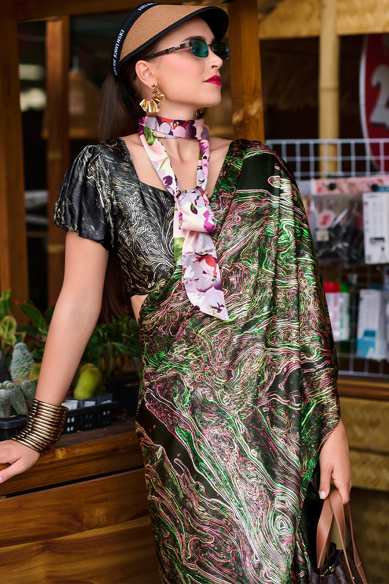 Gossamer Multicolor Digital Printed Satin Silk Saree With Scintilla Blouse Piece - Image 4
