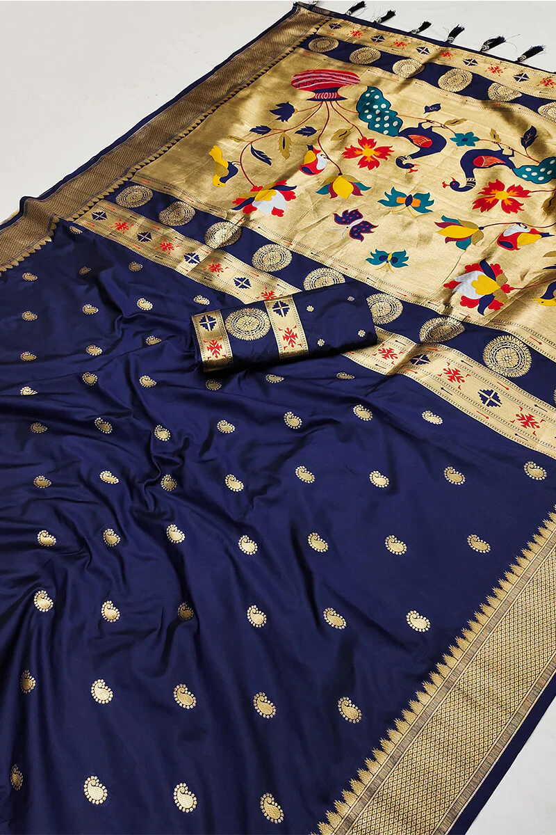 Gossamer Navy Blue Paithani Silk Saree With Scintilla Blouse Piece - Image 2
