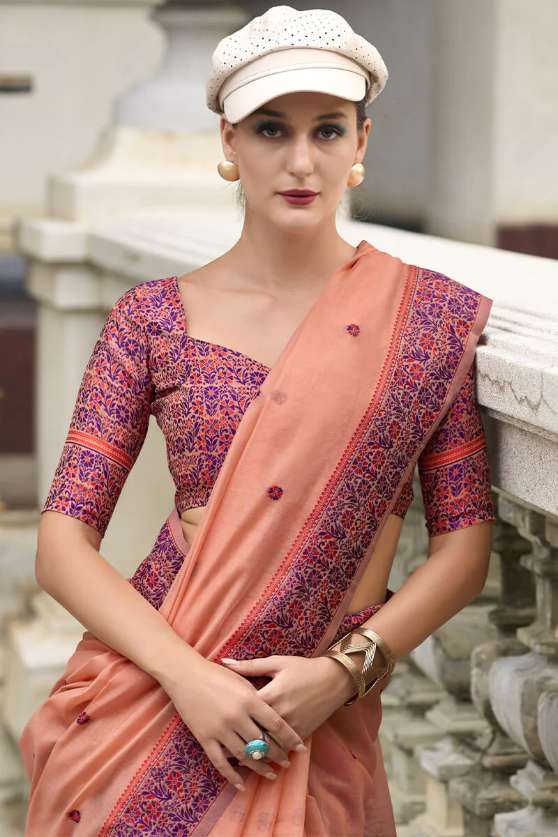 Gossamer Peach Cotton Silk Saree With Fragrant Blouse Piece - Image 2